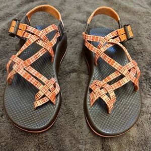 Women’s Chaco’s ZX2. Size 6. Orange plaid. Almost new